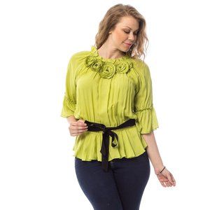 7Colors Ladies Ruffled Top Bell-Sleeve Solid Green Plus Size 1XL